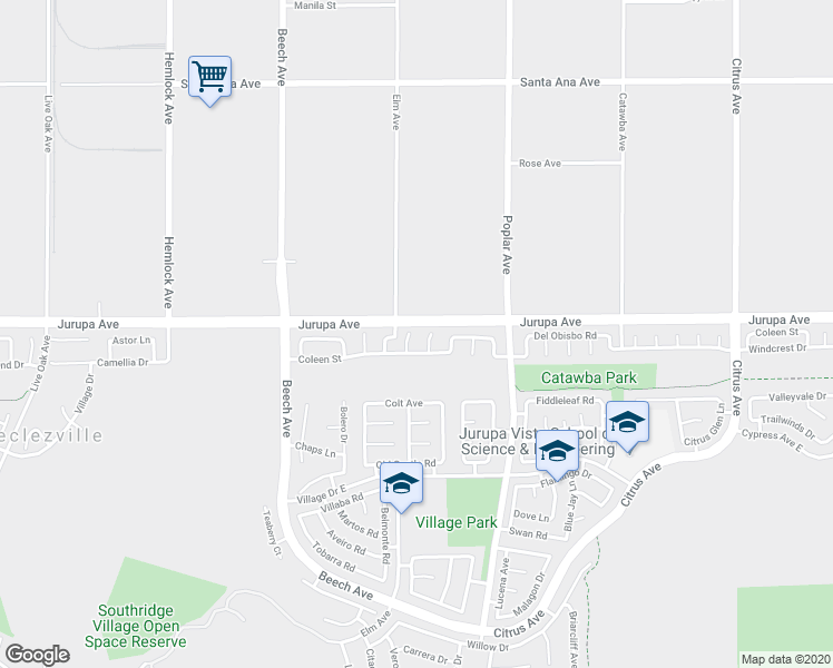 map of restaurants, bars, coffee shops, grocery stores, and more near 11321 Melba Court in Fontana