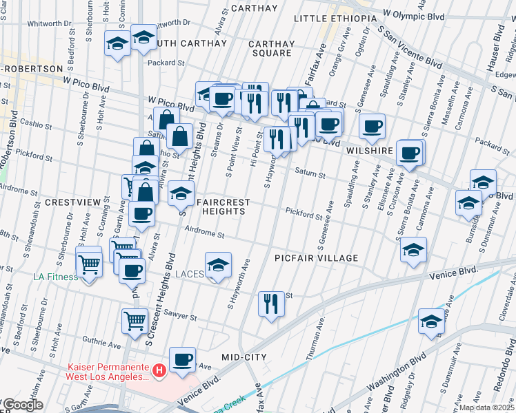 map of restaurants, bars, coffee shops, grocery stores, and more near 1601 South Hayworth Avenue in Los Angeles
