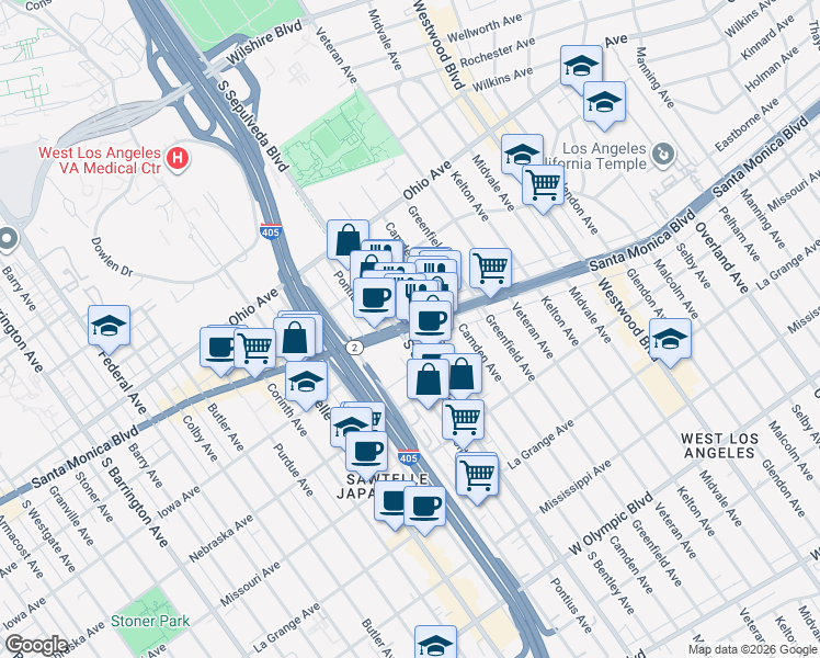 map of restaurants, bars, coffee shops, grocery stores, and more near 11086 Santa Monica Boulevard in Los Angeles