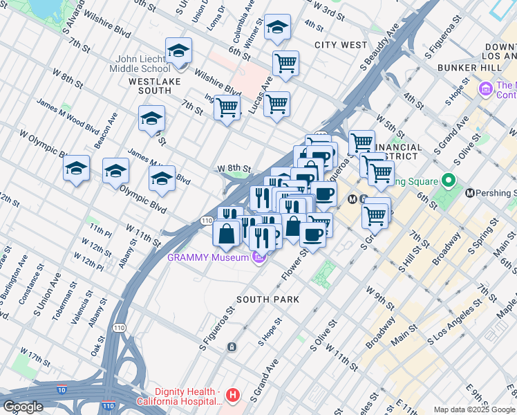 map of restaurants, bars, coffee shops, grocery stores, and more near 889 Francisco Street in Los Angeles