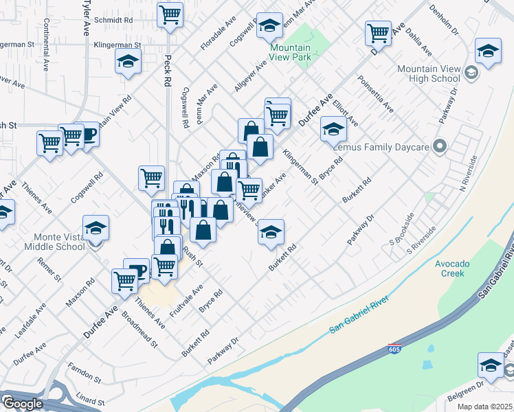 map of restaurants, bars, coffee shops, grocery stores, and more near 2218 Bunker Avenue in El Monte
