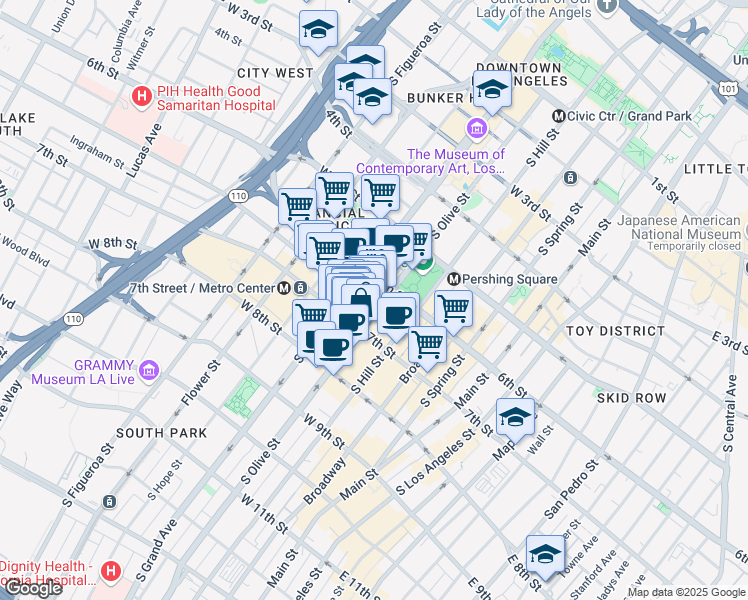 map of restaurants, bars, coffee shops, grocery stores, and more near 649 South Olive Street in Los Angeles