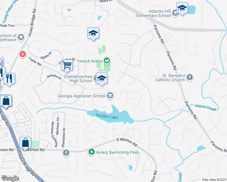 map of restaurants, bars, coffee shops, grocery stores, and more near 325 Baccarat Court in Alpharetta