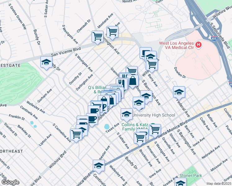 map of restaurants, bars, coffee shops, grocery stores, and more near 11858 Goshen Avenue in Los Angeles