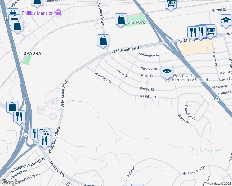 map of restaurants, bars, coffee shops, grocery stores, and more near 1271 Westmont Place in Pomona