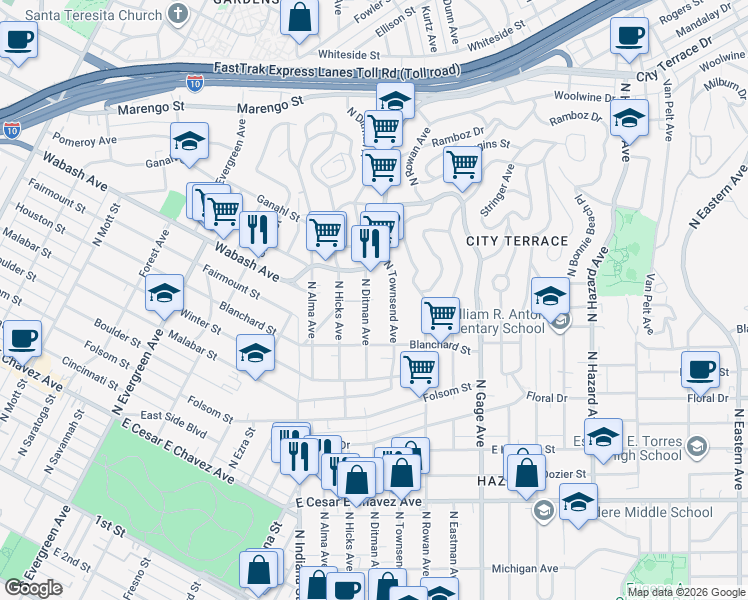 map of restaurants, bars, coffee shops, grocery stores, and more near 962 North Ditman Avenue in Los Angeles