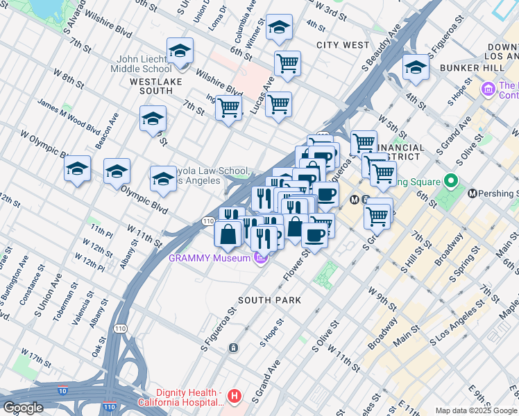 map of restaurants, bars, coffee shops, grocery stores, and more near 1000 West 8th Street in Los Angeles