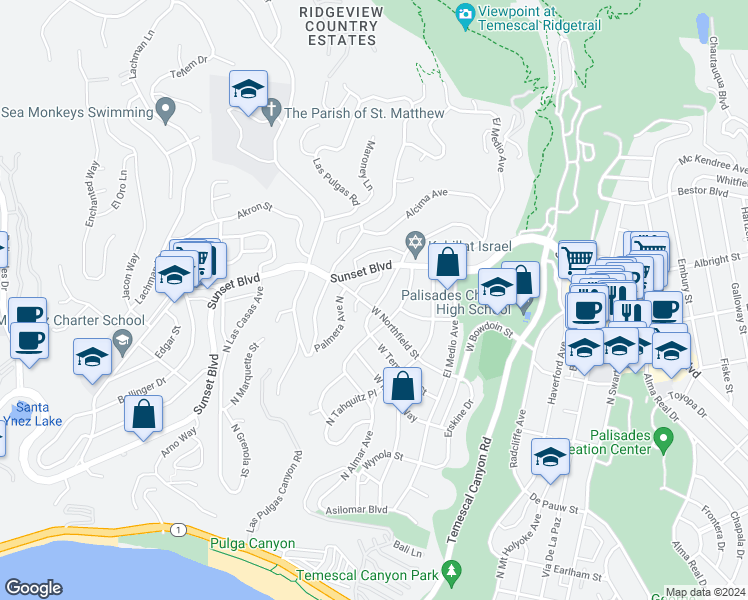map of restaurants, bars, coffee shops, grocery stores, and more near 707 Muskingum Avenue in Los Angeles