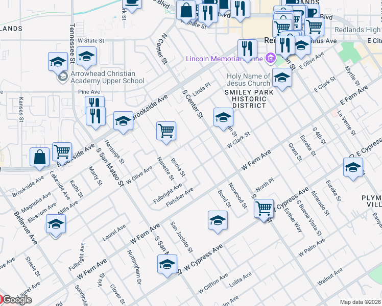 map of restaurants, bars, coffee shops, grocery stores, and more near 221 Roma Street in Redlands
