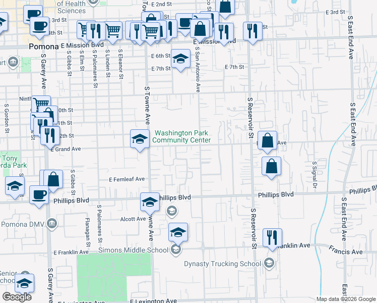 map of restaurants, bars, coffee shops, grocery stores, and more near 1338 Packard Drive in Pomona
