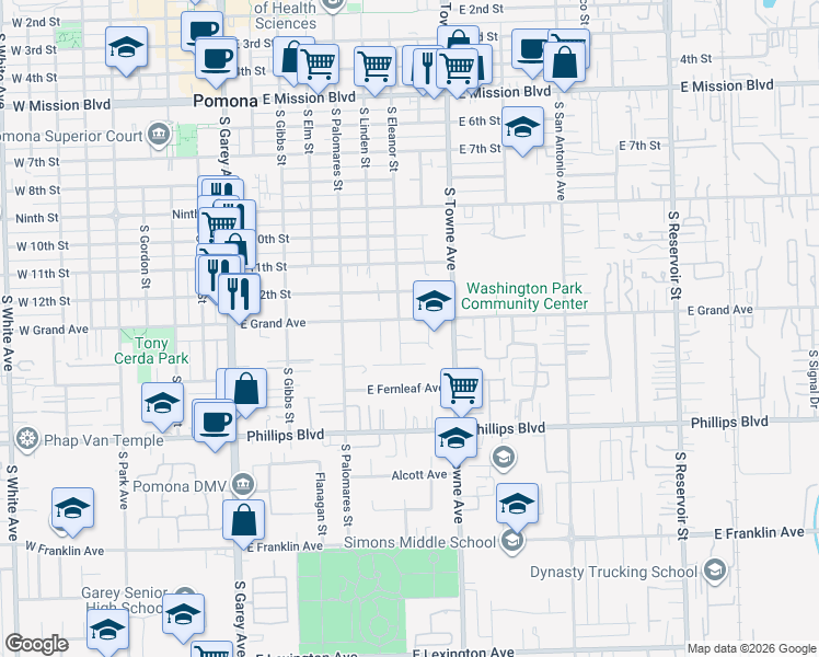 map of restaurants, bars, coffee shops, grocery stores, and more near 778 Elliott Court in Pomona