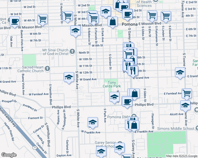 map of restaurants, bars, coffee shops, grocery stores, and more near 1339 South Park Avenue in Pomona