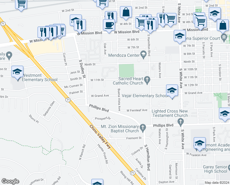 map of restaurants, bars, coffee shops, grocery stores, and more near 1332 West Grand Avenue in Pomona