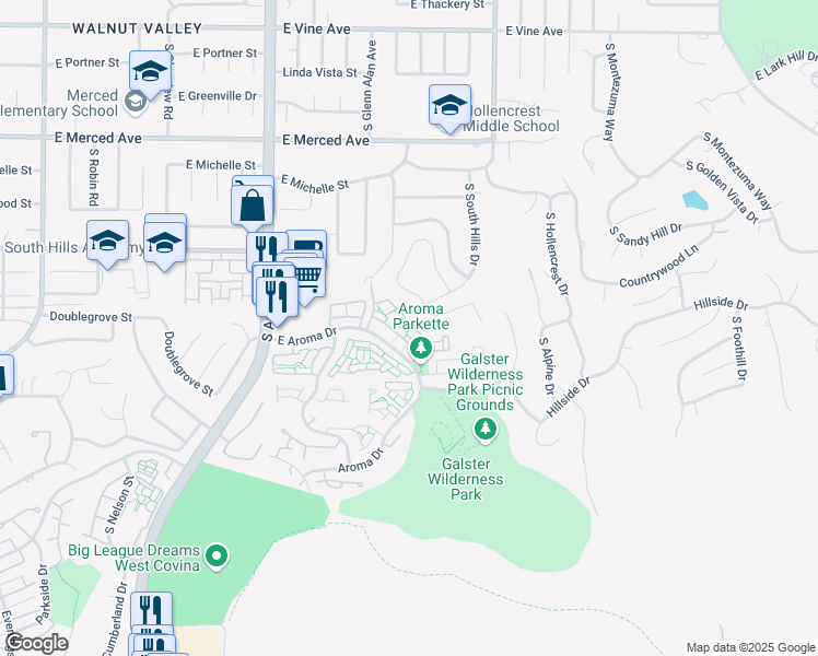 map of restaurants, bars, coffee shops, grocery stores, and more near 2111 East Aroma Drive in West Covina