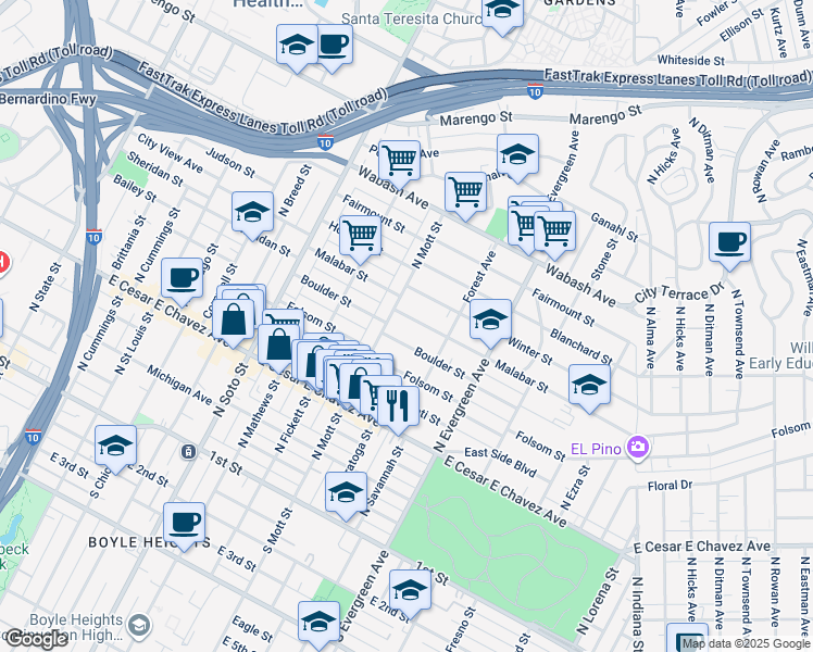 map of restaurants, bars, coffee shops, grocery stores, and more near 2732 Boulder Street in Los Angeles