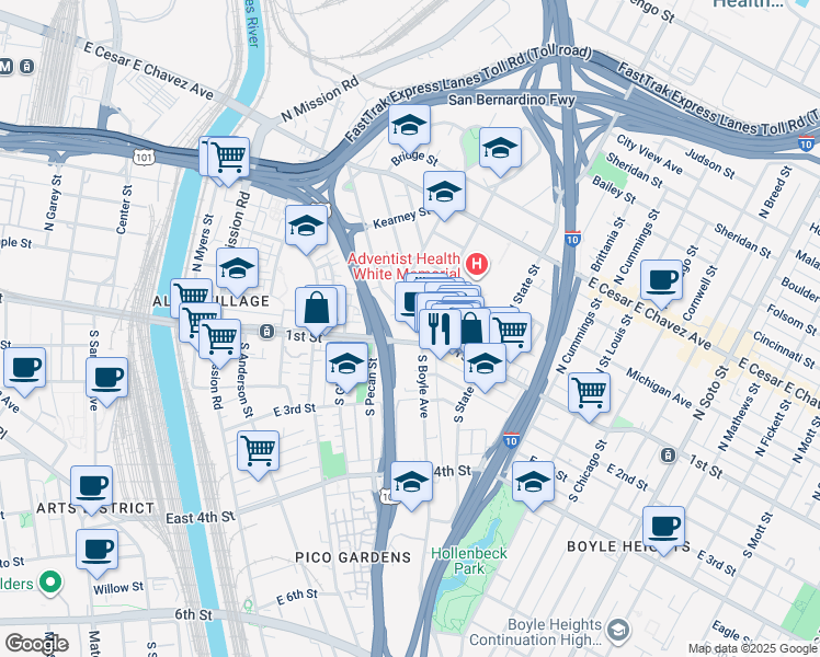 map of restaurants, bars, coffee shops, grocery stores, and more near 1726 East 1st Street in Los Angeles