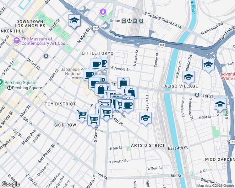 map of restaurants, bars, coffee shops, grocery stores, and more near in Los Angeles
