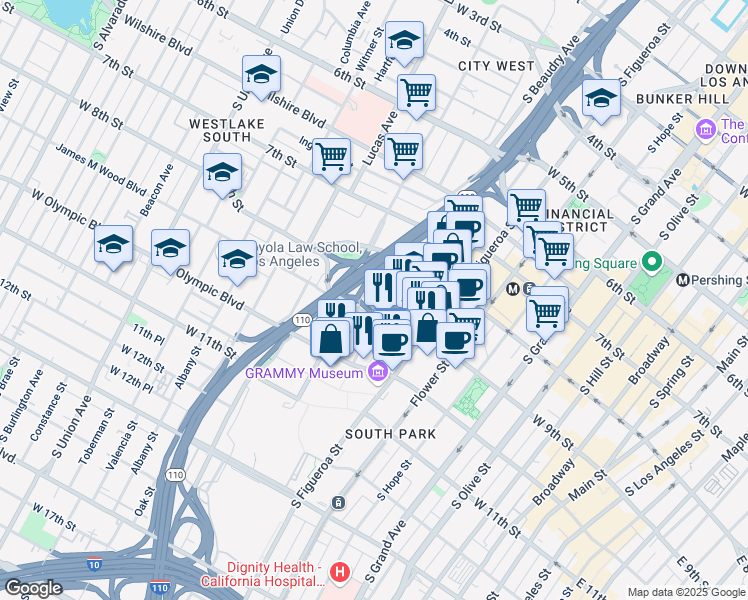 map of restaurants, bars, coffee shops, grocery stores, and more near 933 Francisco Street in Los Angeles