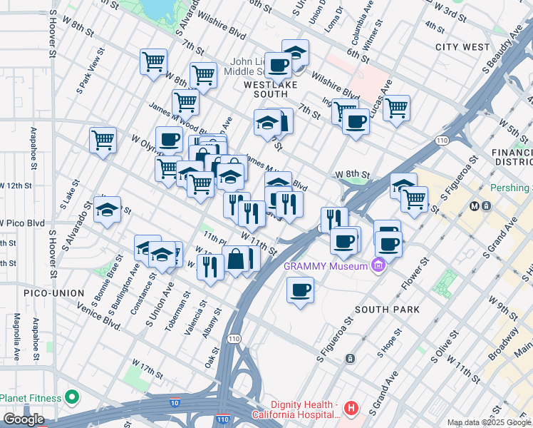 map of restaurants, bars, coffee shops, grocery stores, and more near 1025 Albany Street in Los Angeles