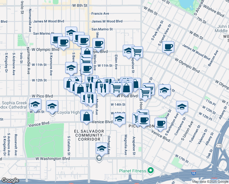 map of restaurants, bars, coffee shops, grocery stores, and more near in Los Angeles