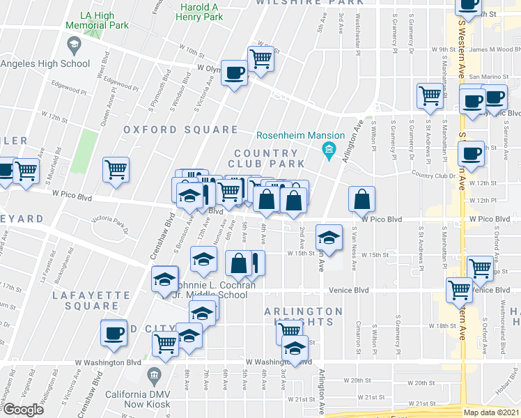 map of restaurants, bars, coffee shops, grocery stores, and more near 1319 4th Avenue in Los Angeles