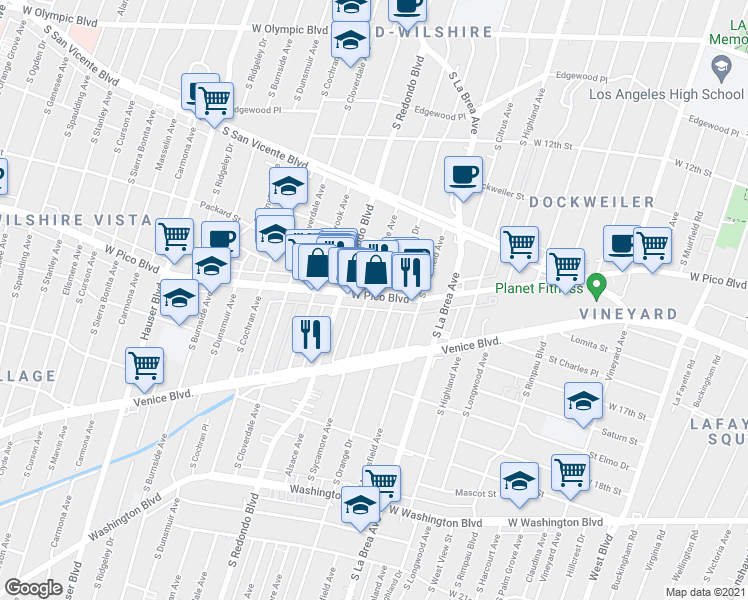 map of restaurants, bars, coffee shops, grocery stores, and more near 1433 South Sycamore Avenue in Los Angeles
