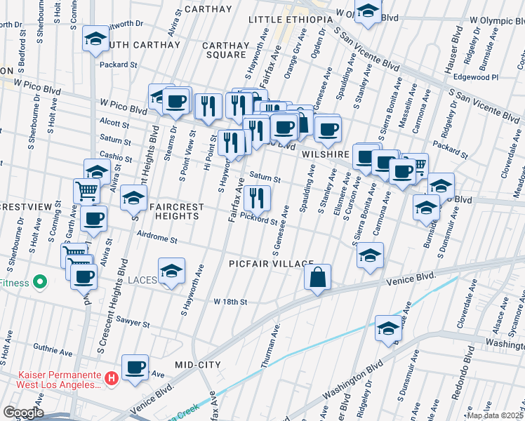 map of restaurants, bars, coffee shops, grocery stores, and more near 1606 South Orange Grove Avenue in Los Angeles