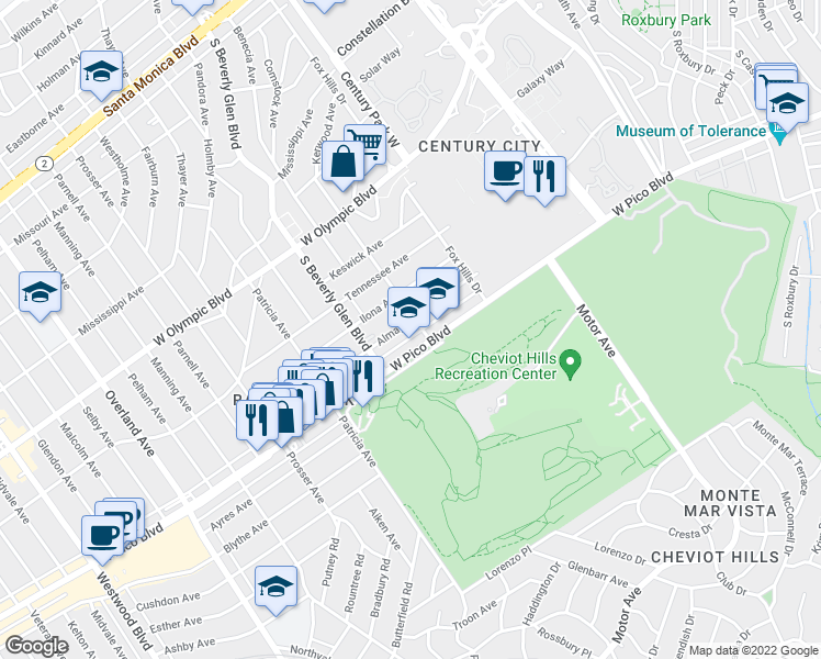 map of restaurants, bars, coffee shops, grocery stores, and more near 10373 West Pico Boulevard in Los Angeles