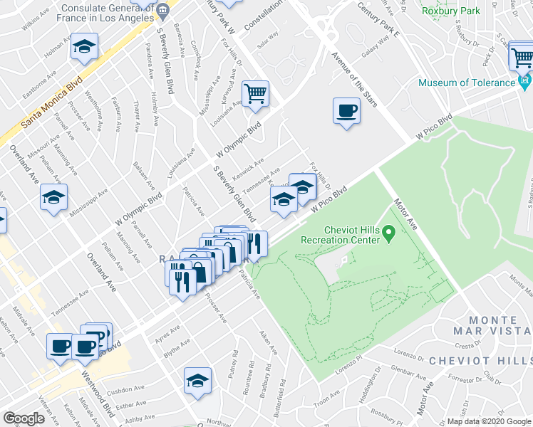 map of restaurants, bars, coffee shops, grocery stores, and more near 2360 South Beverly Glen Boulevard in Los Angeles