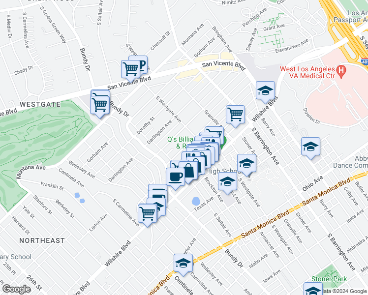 map of restaurants, bars, coffee shops, grocery stores, and more near 11964 Kiowa Avenue in Los Angeles