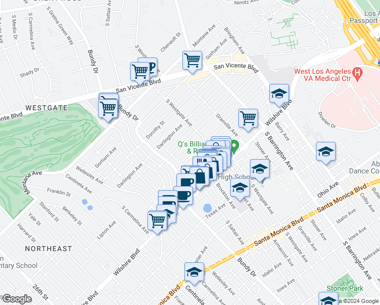 map of restaurants, bars, coffee shops, grocery stores, and more near 11964 Kiowa Avenue in Los Angeles