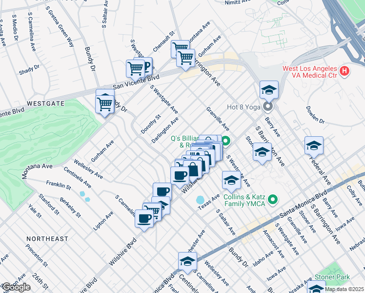 map of restaurants, bars, coffee shops, grocery stores, and more near 11964 Kiowa Avenue in Los Angeles