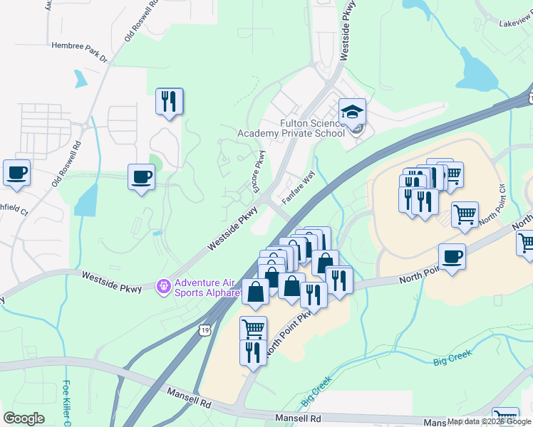 map of restaurants, bars, coffee shops, grocery stores, and more near 10105 Westside Court in Alpharetta