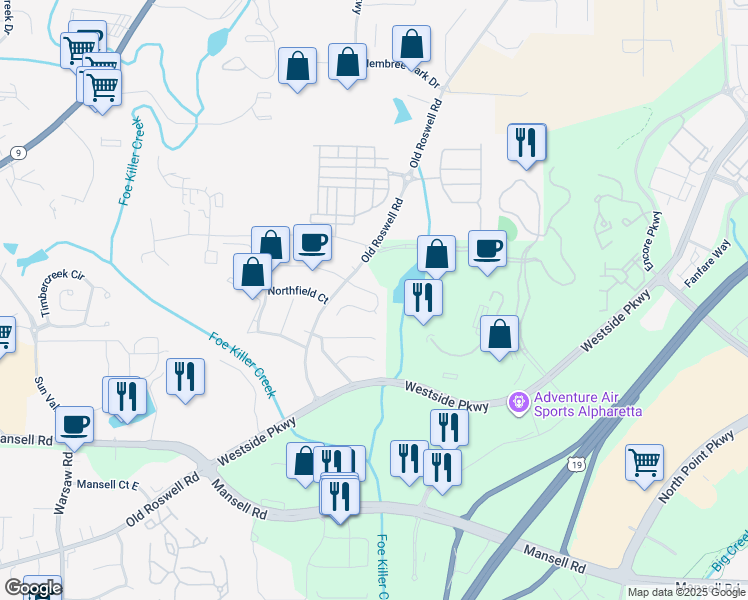 map of restaurants, bars, coffee shops, grocery stores, and more near 1042 Dassow Court in Alpharetta