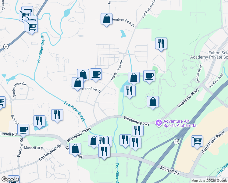map of restaurants, bars, coffee shops, grocery stores, and more near 1001 Dassow Court in Alpharetta