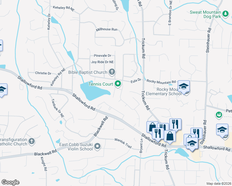 map of restaurants, bars, coffee shops, grocery stores, and more near 4012 Honeytree Lane Northeast in Marietta