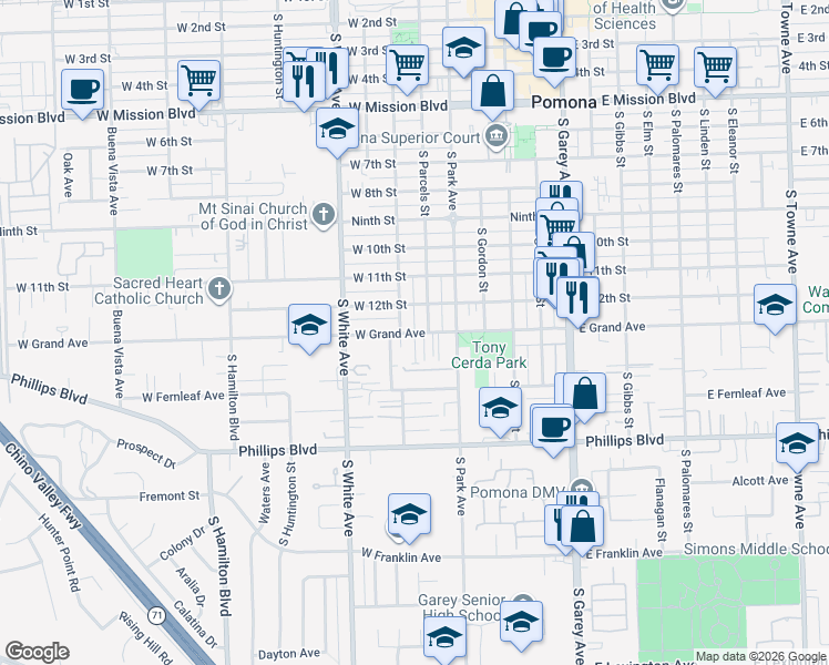 map of restaurants, bars, coffee shops, grocery stores, and more near 644 West Grand Avenue in Pomona
