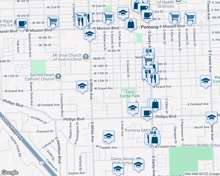 map of restaurants, bars, coffee shops, grocery stores, and more near 652 West Grand Avenue in Pomona