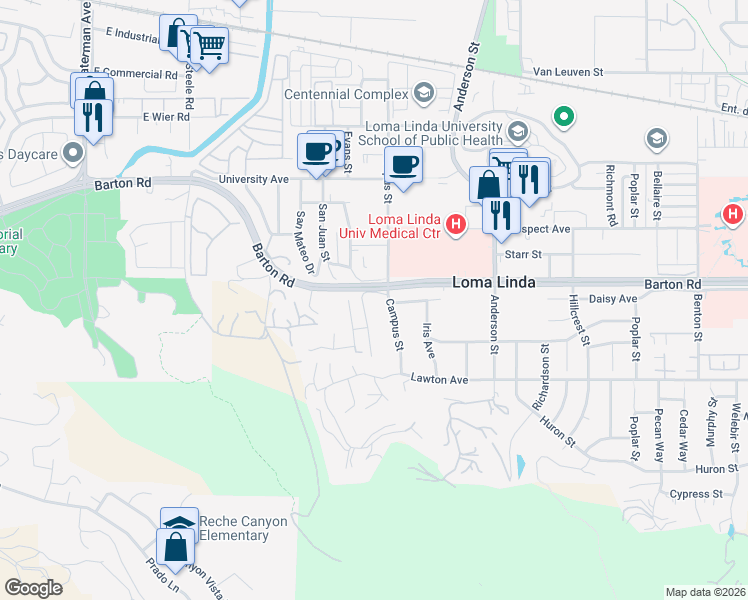 map of restaurants, bars, coffee shops, grocery stores, and more near 11372 San Juan Drive in Loma Linda