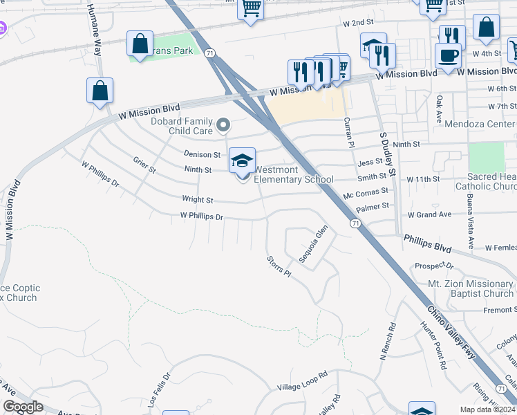 map of restaurants, bars, coffee shops, grocery stores, and more near 1770 Wright Street in Pomona