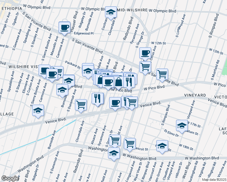 map of restaurants, bars, coffee shops, grocery stores, and more near 1433 South Sycamore Avenue in Los Angeles