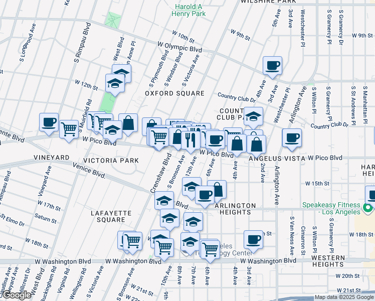 map of restaurants, bars, coffee shops, grocery stores, and more near Bronson Avenue in Los Angeles