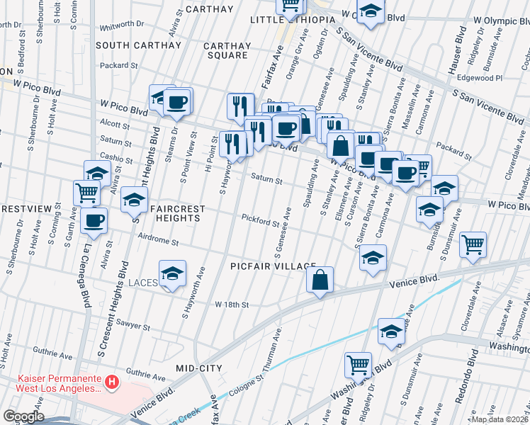 map of restaurants, bars, coffee shops, grocery stores, and more near 1557 South Ogden Drive in Los Angeles