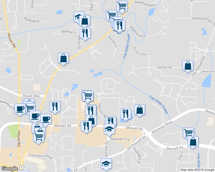 map of restaurants, bars, coffee shops, grocery stores, and more near 5202 Falling Water Terrace in Roswell
