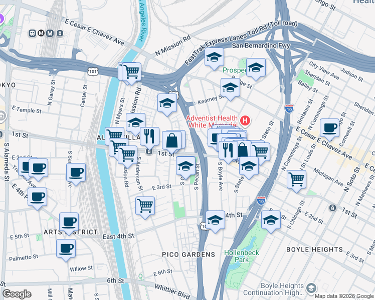 map of restaurants, bars, coffee shops, grocery stores, and more near 1605 1st Street in Los Angeles