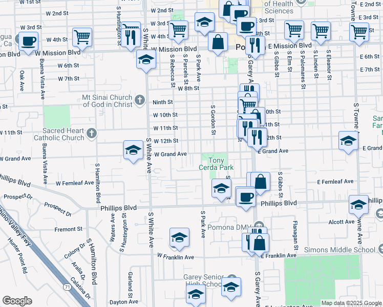 map of restaurants, bars, coffee shops, grocery stores, and more near 1339 South Park Avenue in Pomona