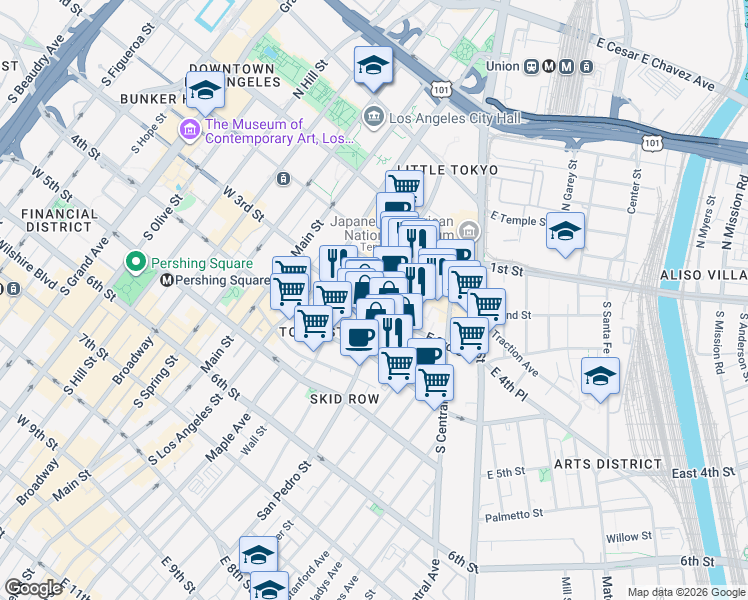 map of restaurants, bars, coffee shops, grocery stores, and more near 267 San Pedro Street in Los Angeles