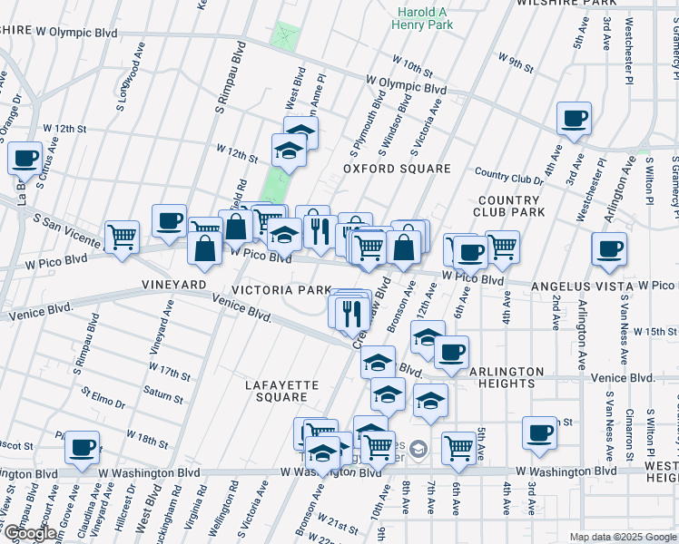 map of restaurants, bars, coffee shops, grocery stores, and more near 1409 South Victoria Avenue in Los Angeles