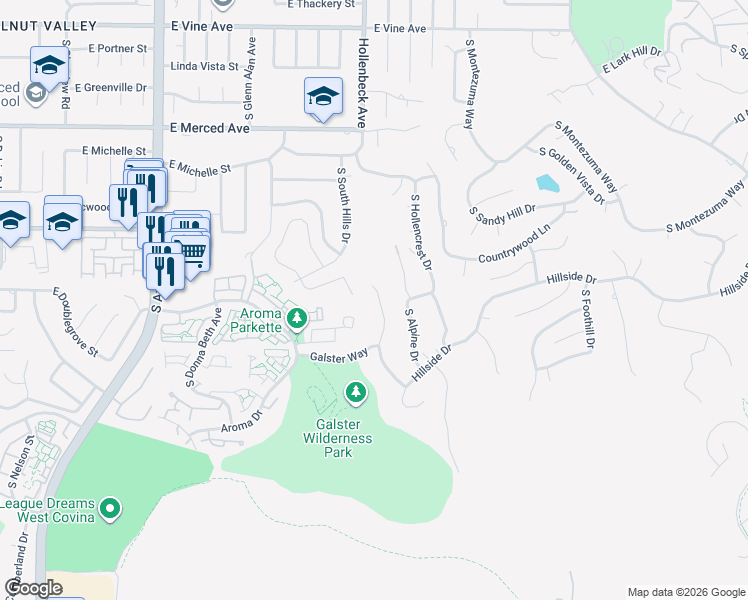 map of restaurants, bars, coffee shops, grocery stores, and more near 1515 Westridge Road in West Covina