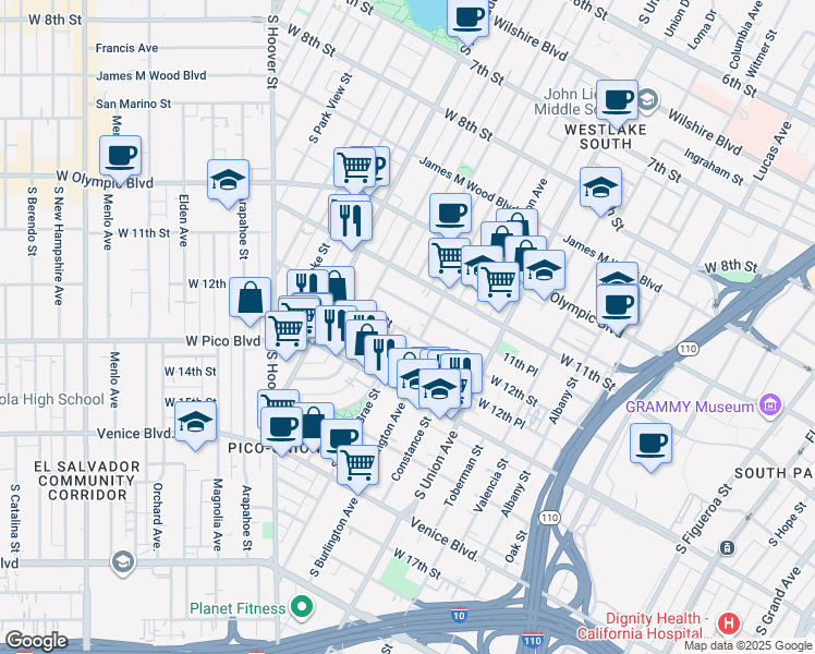 map of restaurants, bars, coffee shops, grocery stores, and more near 1815 West 12th Street in Los Angeles